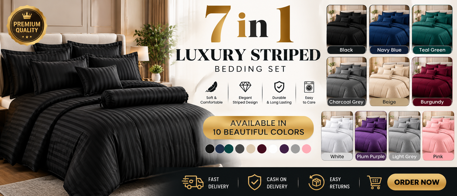 7 in 1 Luxury Striped Bedding Set – 10 Colors banner 1