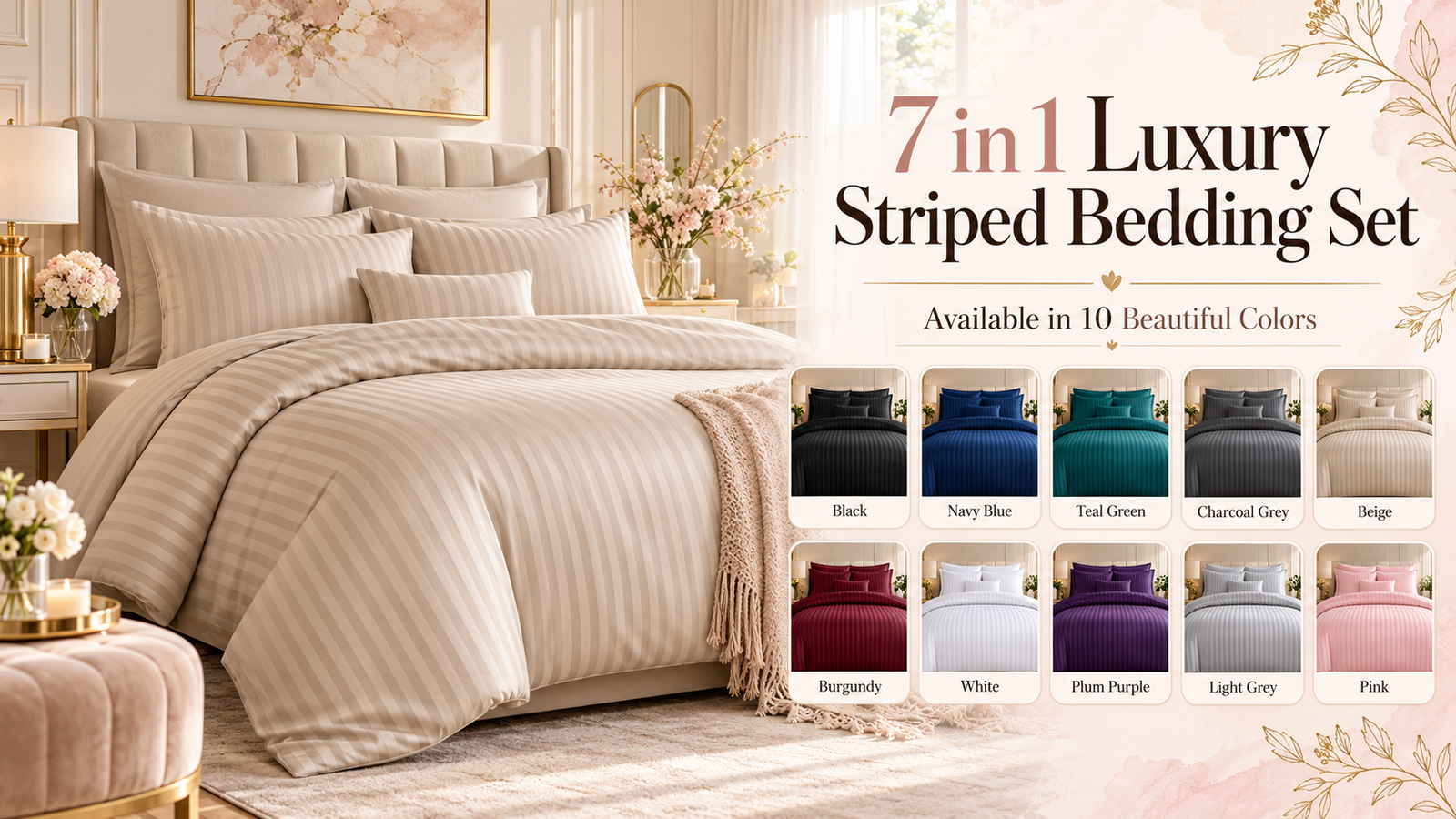 7 in 1 Luxury Striped Bedding Set – 10 Colors banner 2.